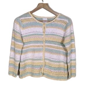 Vtg Womens Cottagecore Crochet Cardigan Size L Pastel Striped Hand Loomed 90s